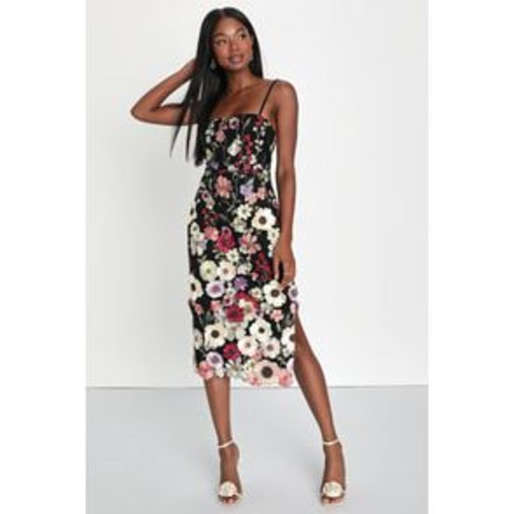 Lulu's Black Floral Midi Dress with Pink, White & Green Flowers